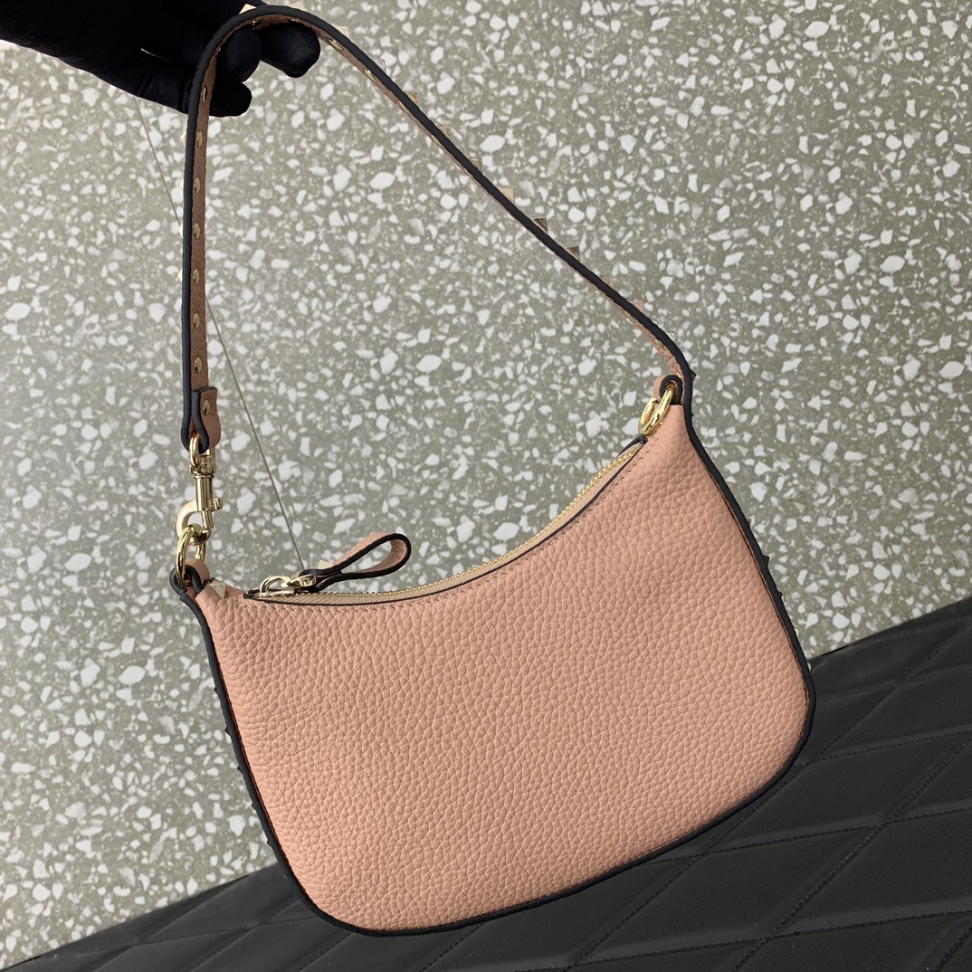 Valentino Garavani Rockstud Mini Hobo Bag in Nude Pink Grainy Calfskin